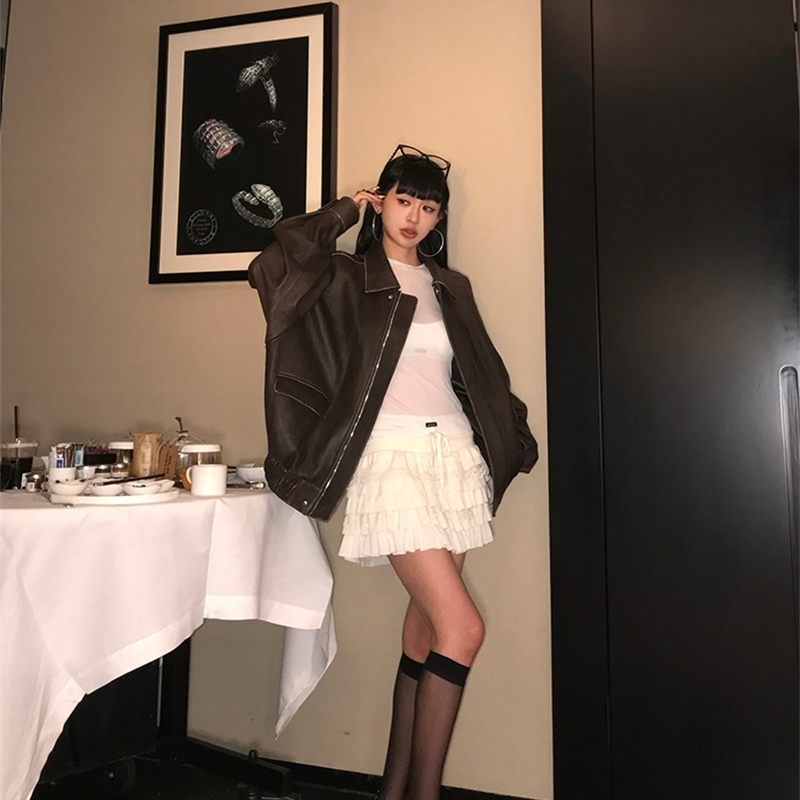 Lautaro Spring Autumn Cool Handsome Retro Oversized Distressed Brown Soft Faux Leather Jackets for Women Zipper Runway Fashion 251105