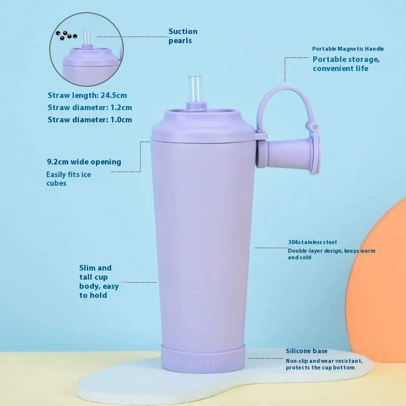 Fashionable cup New 710ml Stainless Steel Water Cup Straw Cup Large Hole Suction Pearl Water Cup Portable Handle Insated Water Cup Y251110