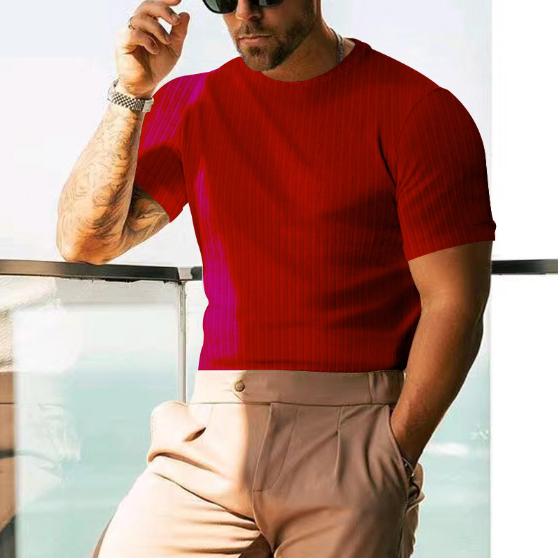 Tem 2025 Summer Mens Short Sleeve T-shirt Solid Color Casual Stripe Round Neck Slimming Henley Shirt