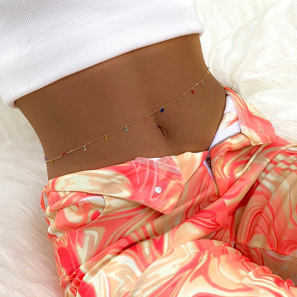 IngeSight. Z Sexy Colored Copper Belly Chain Waist Chain Love Flower tassel Rhinestone Crystal Style Jewelry X250410
