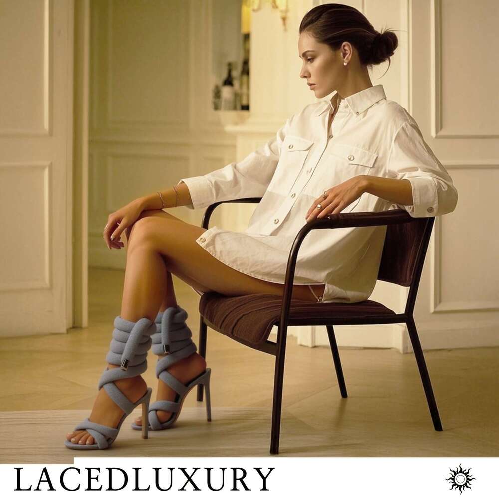 Elegant Sexy Gray Knitted With Adjustable Ankle Tie Rope Straps, Square Toe & Breathable PU Cover - Open-Toe Summer High Women, Perfect For Any Occasi