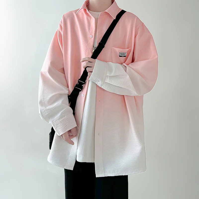 Mens shirt Gradient Plicated Long Sleeve Shirts Loose Korean Shirt Fashion Casual Oversize Shirt Coat High Quality Clothing 250408