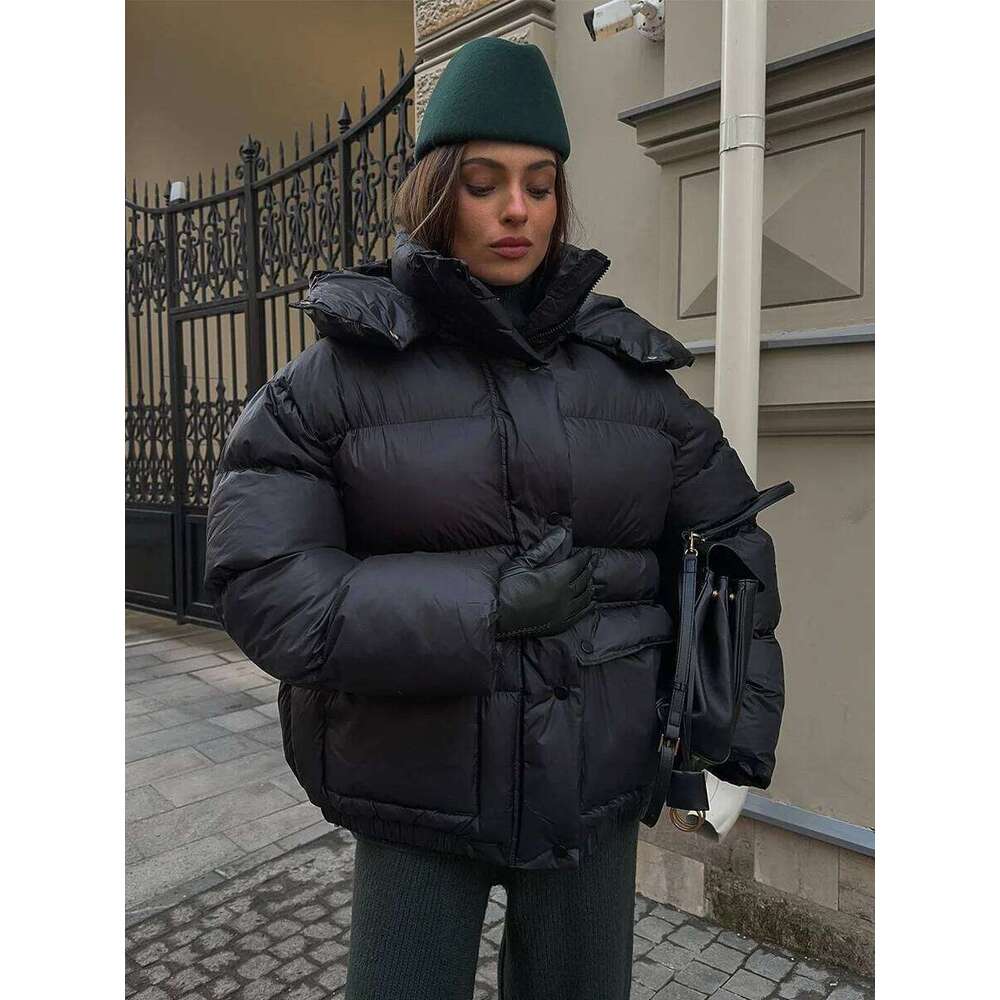 Blubelle Women's New Winter Black Parkas Fashionably Simple Cotton Padded Jacket Square Pocket Warm Hooded Outerwear