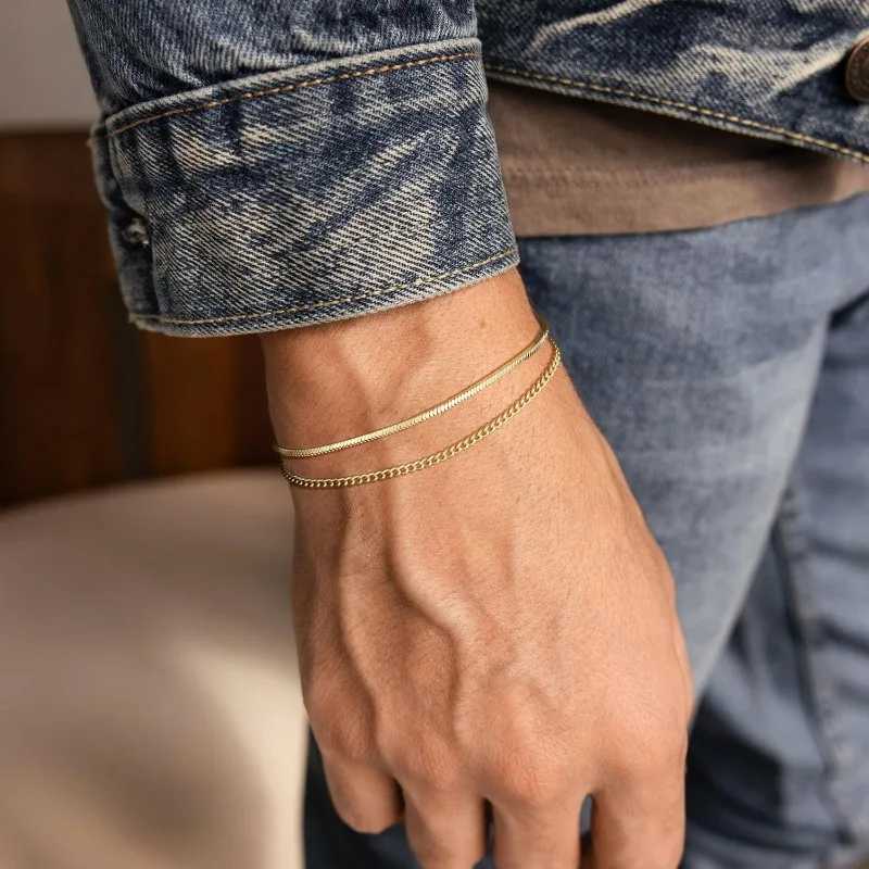 Mens Bracelet Set Waterproof- Dainty 14K Gold Plated Stainless steel Snake Cuban Figaro Chain Bracelets for Men Jewelry GiftsT251110