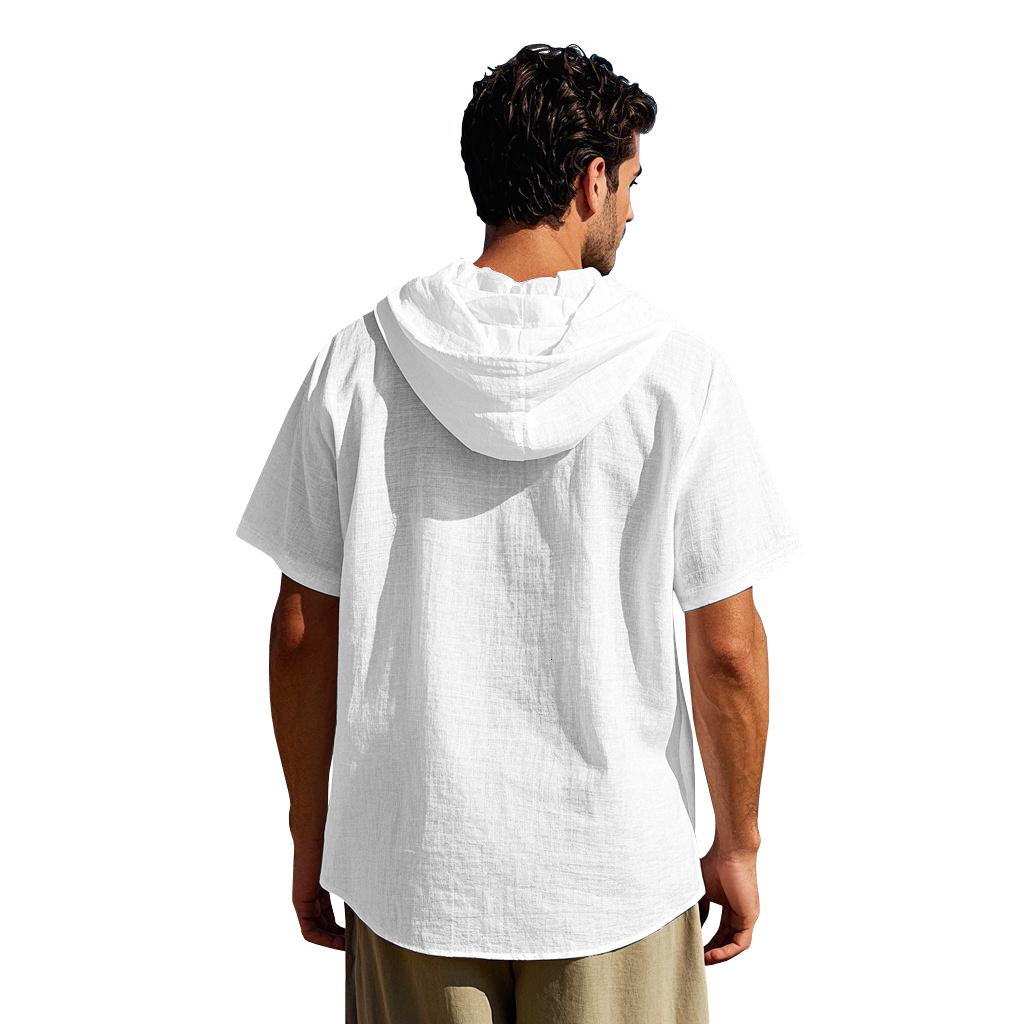 Mens cotton and linen casual short sleeved hooded shirt with fashionable buttons beach T-shirt