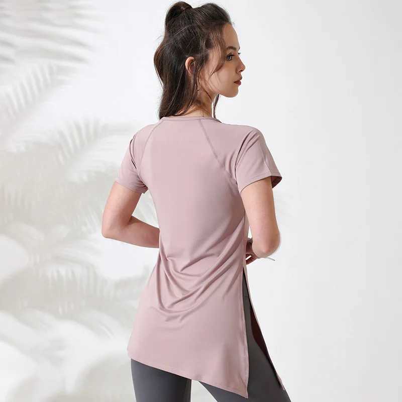 Womens sports shirt short sleeved yoga top gym long shirt side pull split sports top breathable fitness yoga suitXJ250410