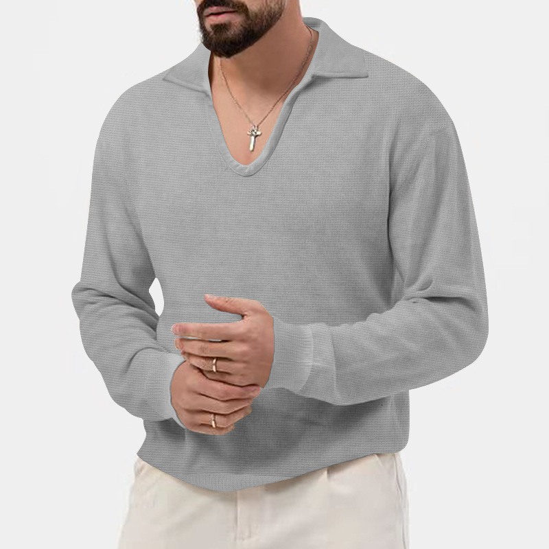 2024 autumn/winter new waffle polo shirt mens lapel loose solid color top long sleeved