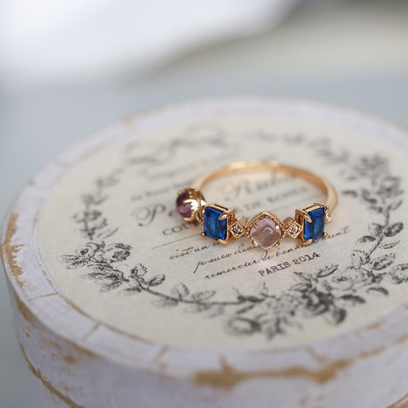 Japanese Style Fashion Ring Agete Imitation Amethyst Blue Topaz Ring For Women Gold Plated Vintage Designer Ring Light Luxury Artistic Ring