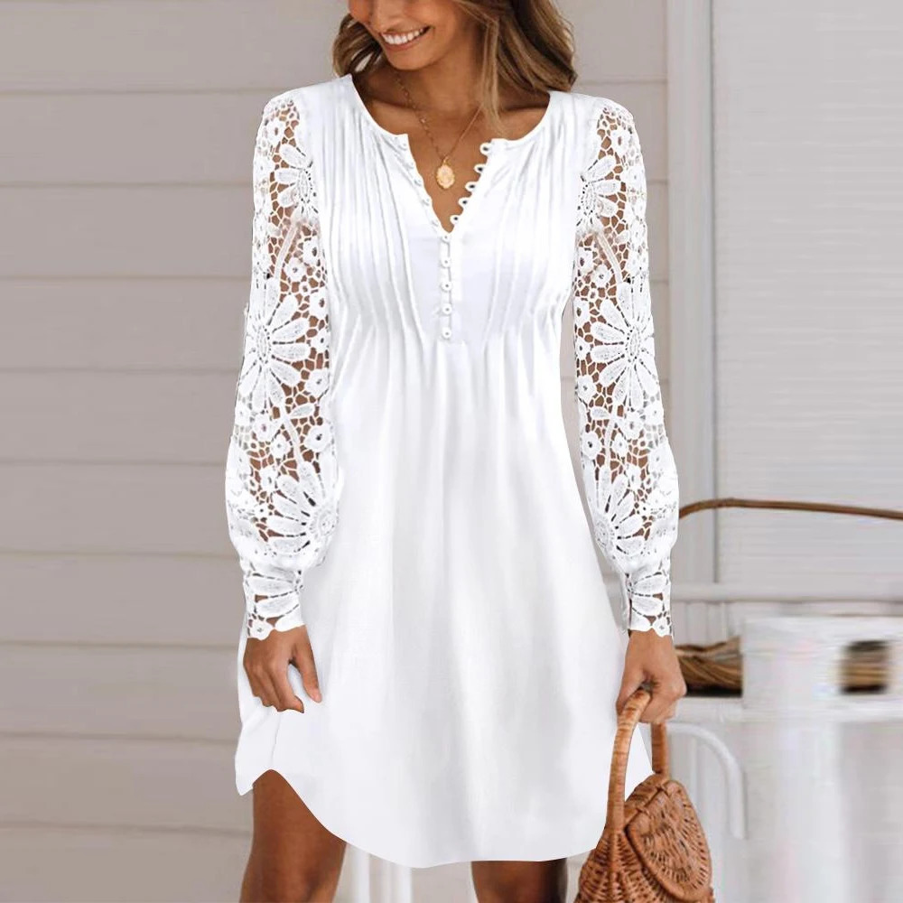 Women Lace Hollowing Out Long Sleeved Dress Solid White Loose Elegant Skirt Spring Summer Fashion Lady Plus Size Dresses XXL 3XL 250407