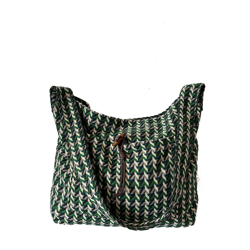 Korean retro woolen plaid canvas bag womens 2025 large capacity tote commuting single shoulder crossbody 251110