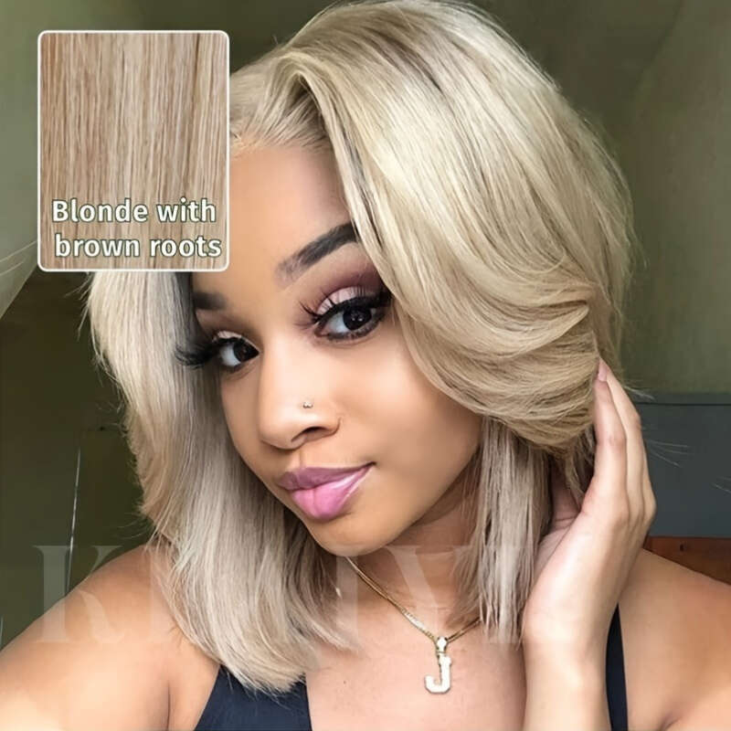 Klaiyi Blonde With Brown Root Wigs Short 7X5 Bye Wig Ready To Wear, Versatile Wig, Quick Hairstyle, Straight Hair, Bob Cut, Realistic Knots