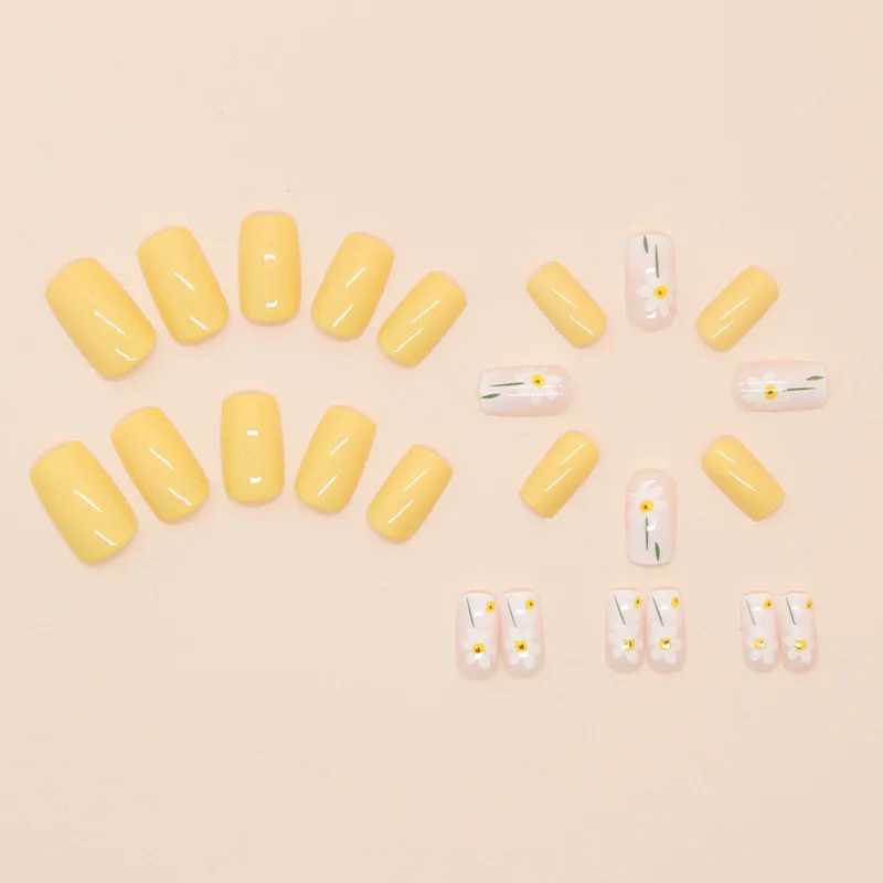 24 yellow flowers pressed on nails pink gradient fake nails smooth artificial fingers ergonomic reusable fake nails for women W250410