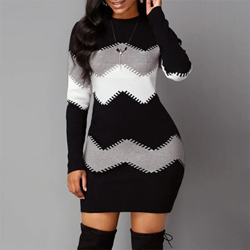 Women Elegant Patchwork Long Sleeve Warm Dress Autumn Winter Rib Knit Sweater Casual Turtleneck Pullover Mini Dresses 251110