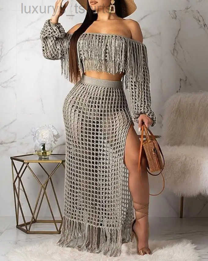 Designer Swimwear Women Swimsuit Summer Fashion Crochet Casual Mesh Tassel Off The Shoulder Long Sleeve Beach Top Skirt Sets Swimwear Cover-Ups 240327