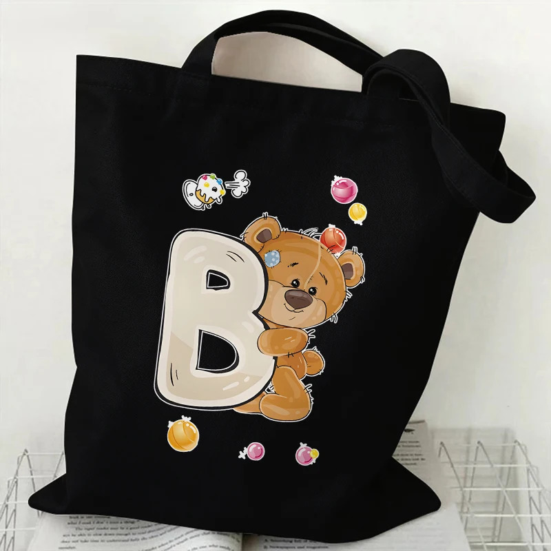 Cute Bear AZ 26 Letter Print Canvas Shoulder Tote Bag Large Capacity Reusable Handbags Supermarket Shopping for Women 251110