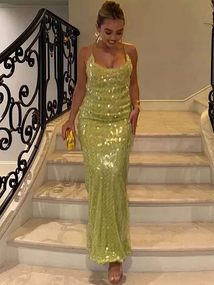 Sequins Sexy Backless Maxi Dress Women Cross Halter Fashion U Neck Slim Glitter Evening Robe Summer Lady Beach Dresses