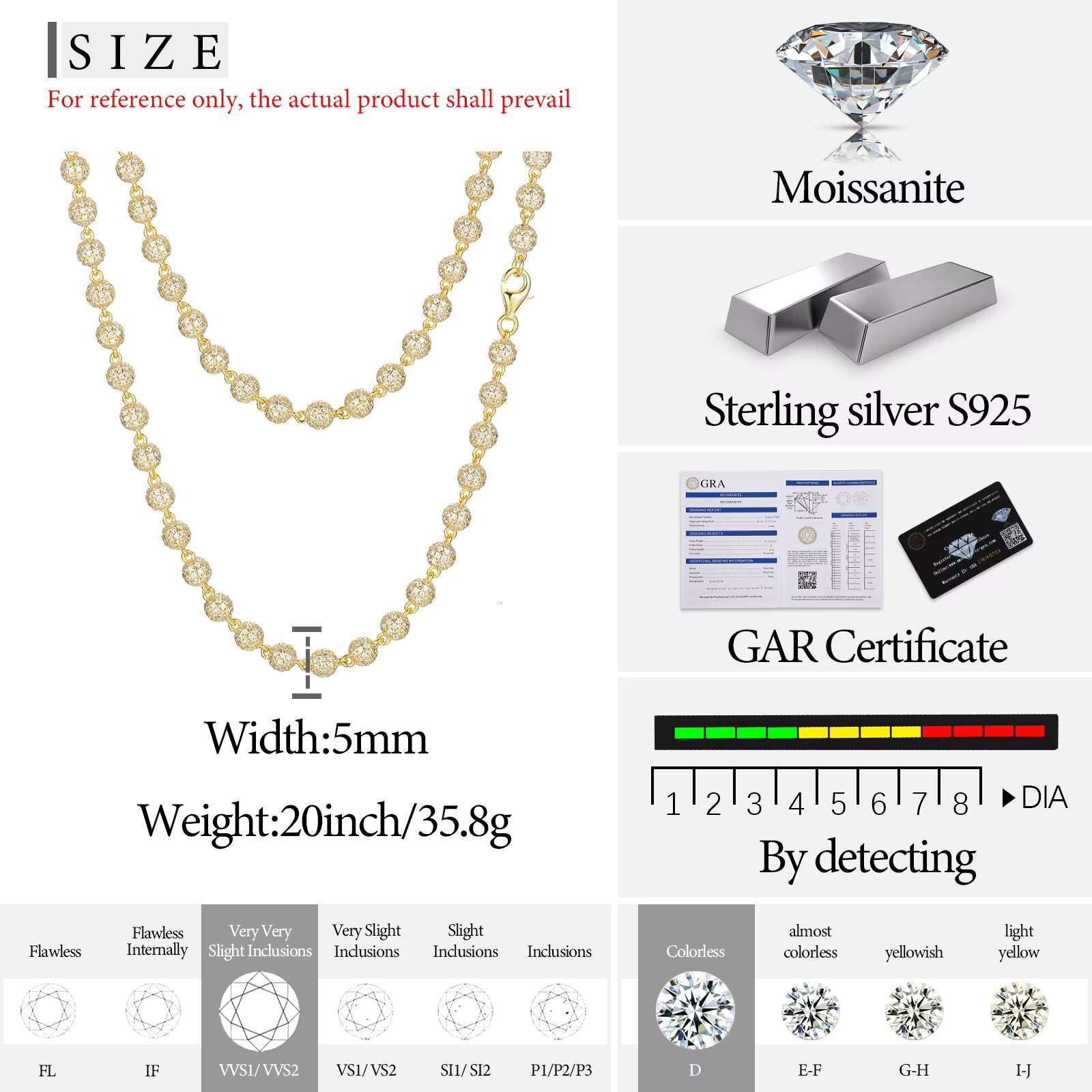 New Hip Hop Jewelry Rappers 5mm 7mm 10mm 925 Sterling Silver VVS Moissanite Diamond Iced Out Bead Link Chain Necklace for Men