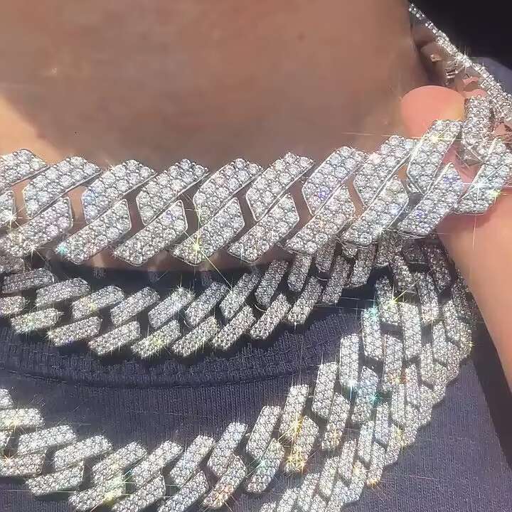 Custom Thick Diamond 5A CZ Prong Link Iced Out 3 Row Setting Cuban Chain Hip Hop Necklace Mens