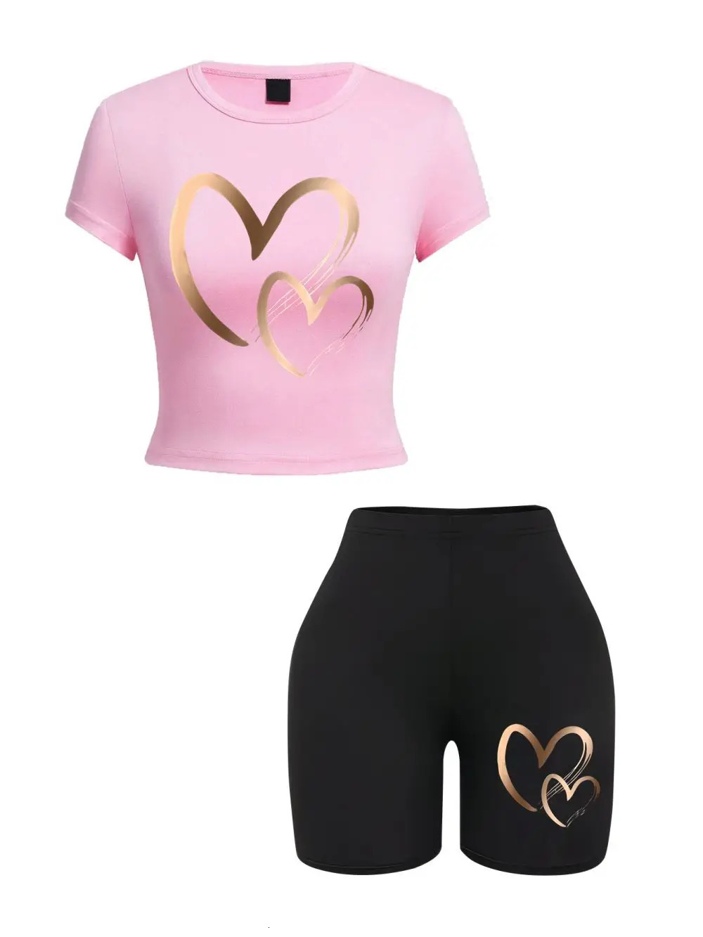 Summer womens slim fit T-shirt and shorts 2-piece set simple heart-shaped pattern printed crop top fashionable high elasticity soft clothing 250409