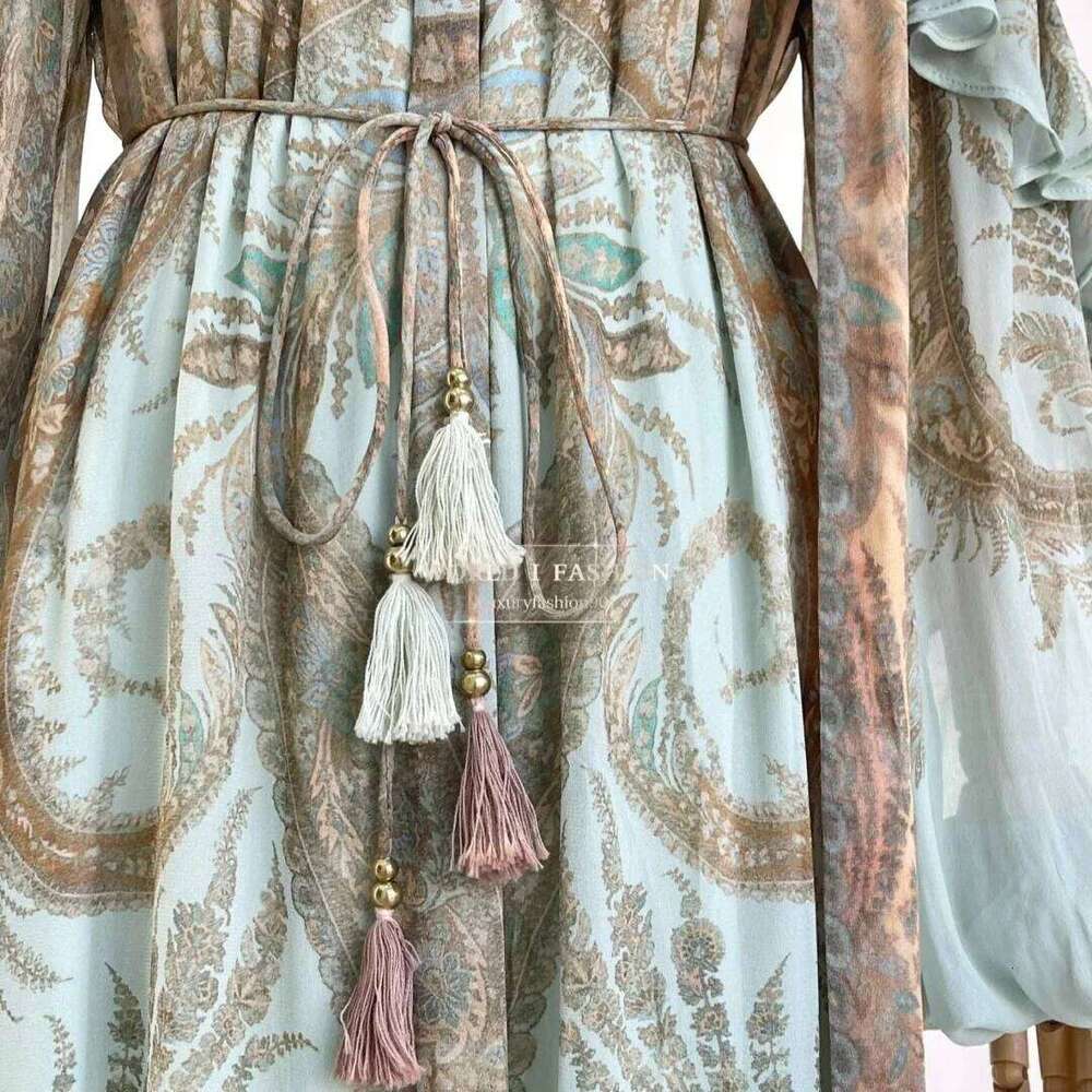 2026 Autumn New Women Elegant Suit Mint Green Paisley Print Ruffles Long Sleeve Midi Dress Hot Sale