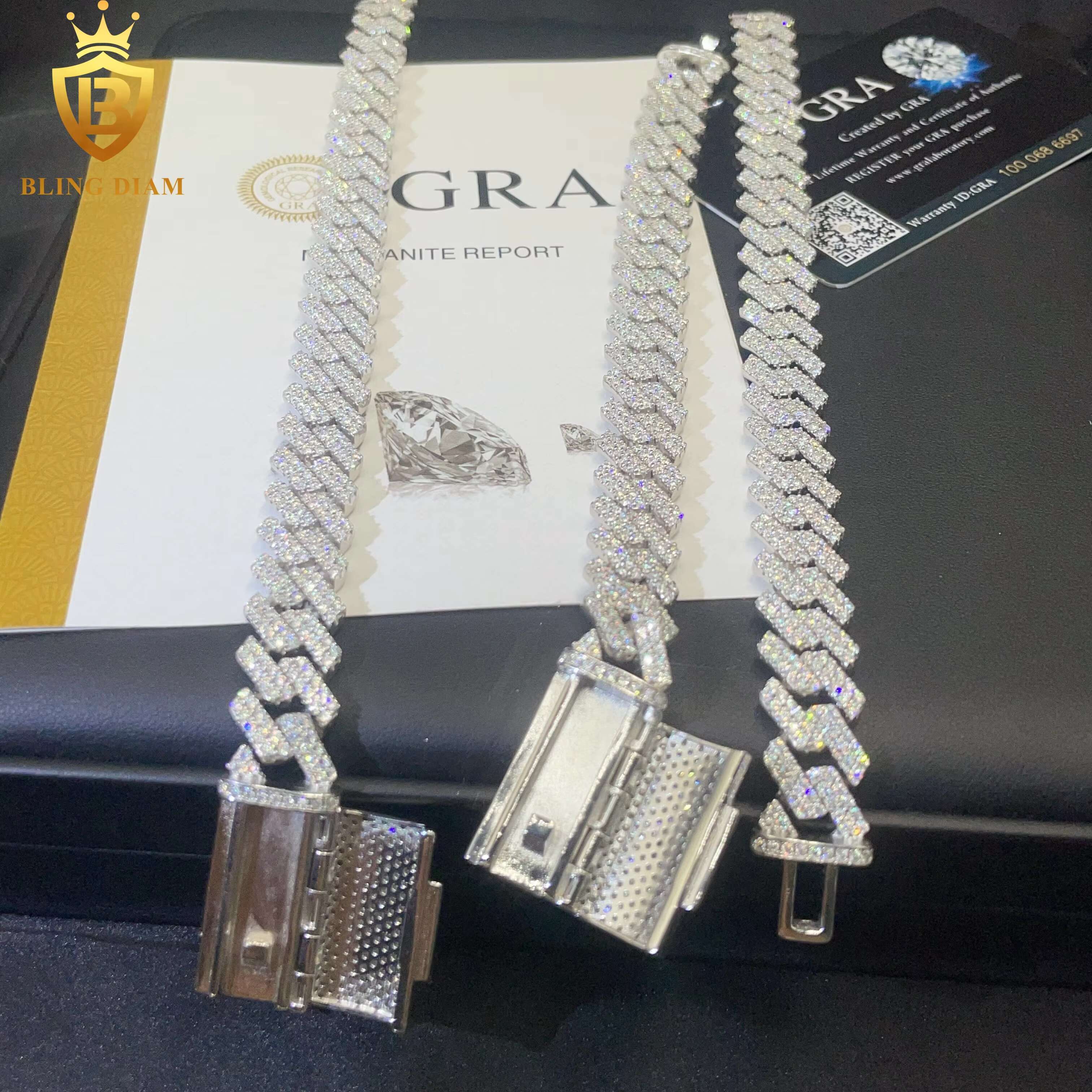 New Design 13MM Moissanite Cuban Necklace Vvs Ice Out Diamond 925 Silver Luxury Cuban Link Chain Jewelry