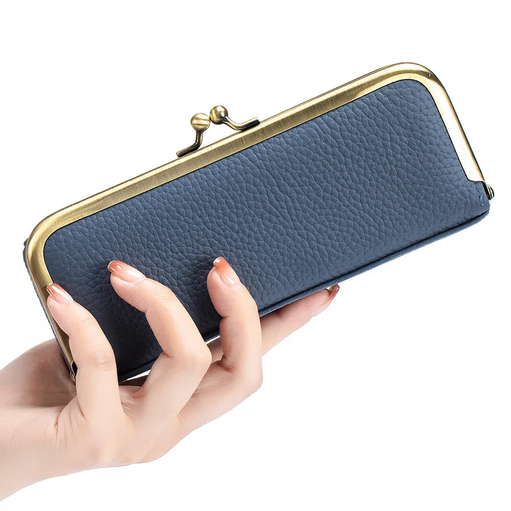 Leather glasses case fashionable pencil case with kiss lock coin wallet womens travel sunglasses case eyebrow pencil case 250409