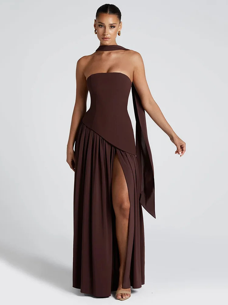 Mozision strapless sexy long dress womens dress patch work scarf collar high score style club party long dress 250409
