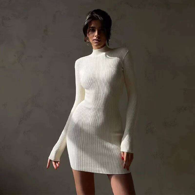 2025 New Autumn Knitted Turtleneck Women Long Sleeve Bodycon Midi Dresses Female Elegant Fashion Solid Color Skinny Dress
