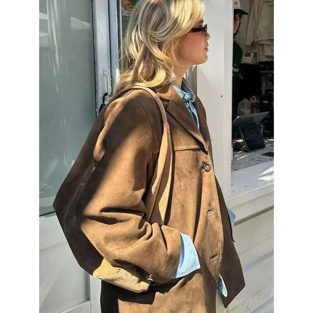 Boyfriend Brown Coat For Women Spring Turndown Collar Long Sleeve Female Jacket 2025 Fashion Loose Single-Breasted Lady Coats