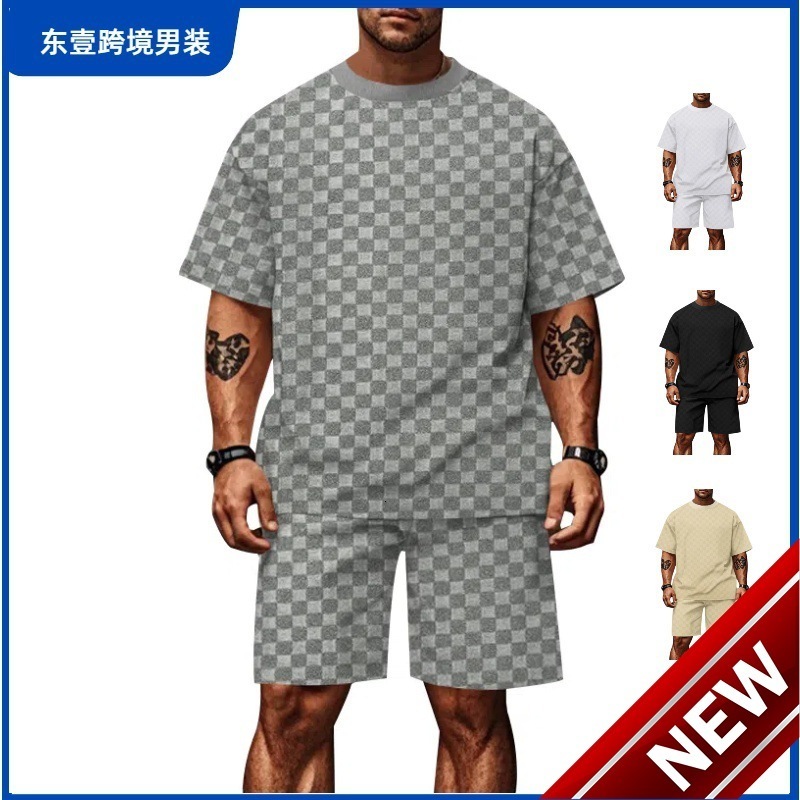 2025 new jacquard checkerboard solid color short sleeved shorts set for mens fashion trend