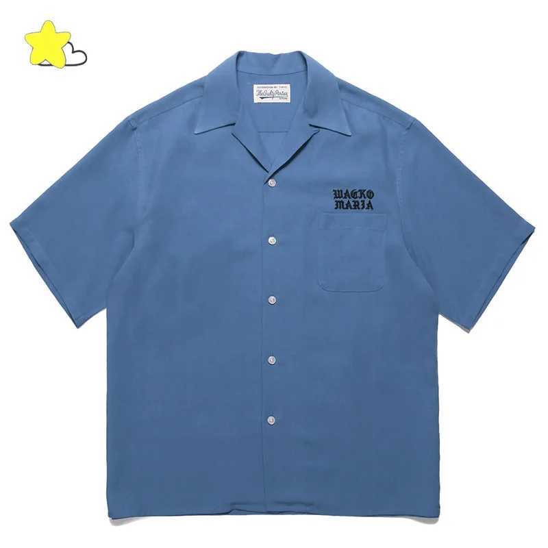 Casual solid color Hawaiian style short sleeved mens classic letter embroidery WACKO MARIA shirt loose top X250410