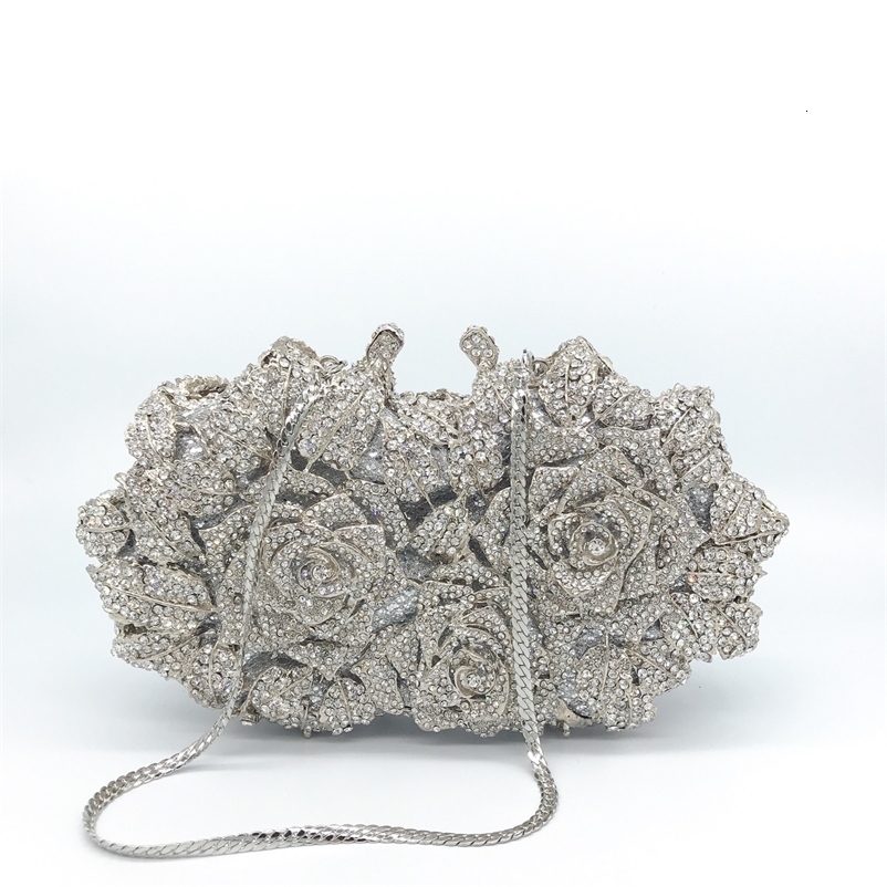 Golden Silver Crystals Evening Bags Fashion Rose Flower Diamonds Clutch Bags Soiree Purse Women Wedding Bride Handbags 251023CJ