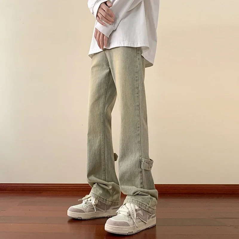 Mens Ultra Thin Edge Bottom Jeans Mens Fashion Metal Button Jeans Teen Trendy Retro Casual Denim Trouser 250408