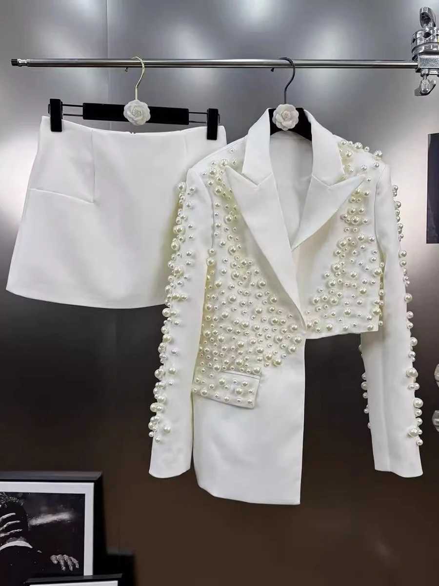 TWOTWINSTYLE Spliced Pearls Two Piece Set for Women Lapel Long Sleeve Irregular Top High Waist Mini Skirt Office Suit Female New W251110