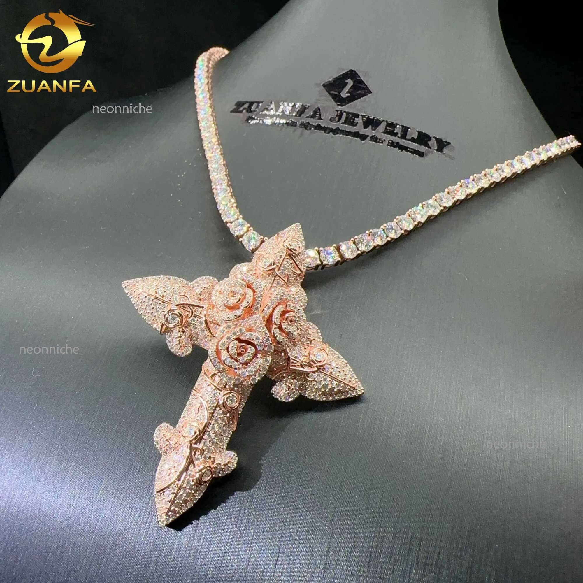 Custom tennis chain sterg sier vvs moissanite hip hop iced out jewelry fashion cross pendant