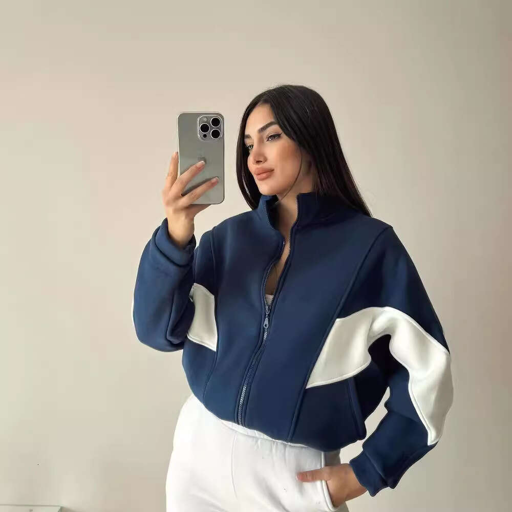 Fall/Winter 2024 European and American Women's Loose Casual Versatile Top Long Sleeve Color blocked Stand up Collar Coat for Women