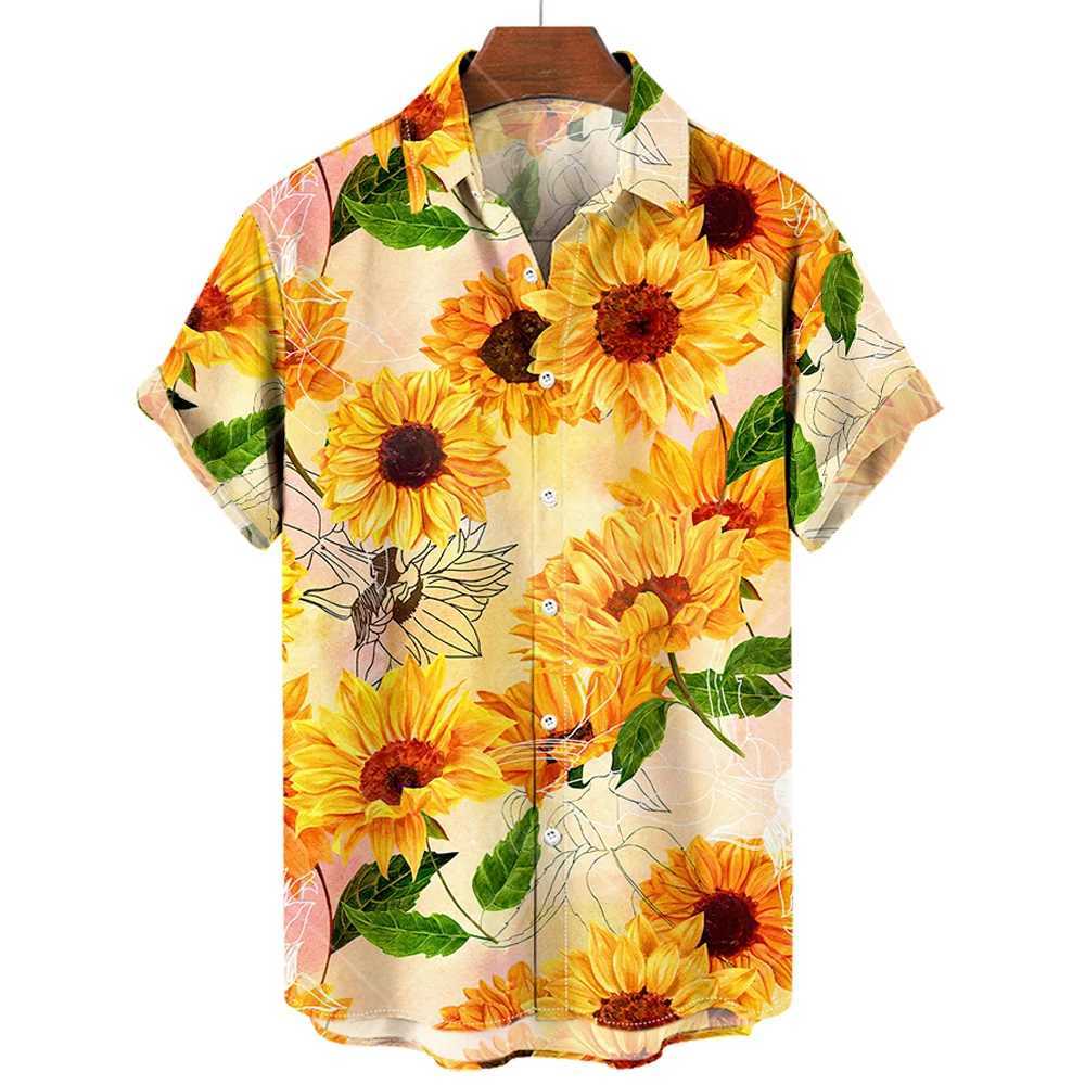 Sunflower Sunshine Print Hawaiian mens collar shirt mens fashion wide short sleeved T-shirt oversized clothing top X250410