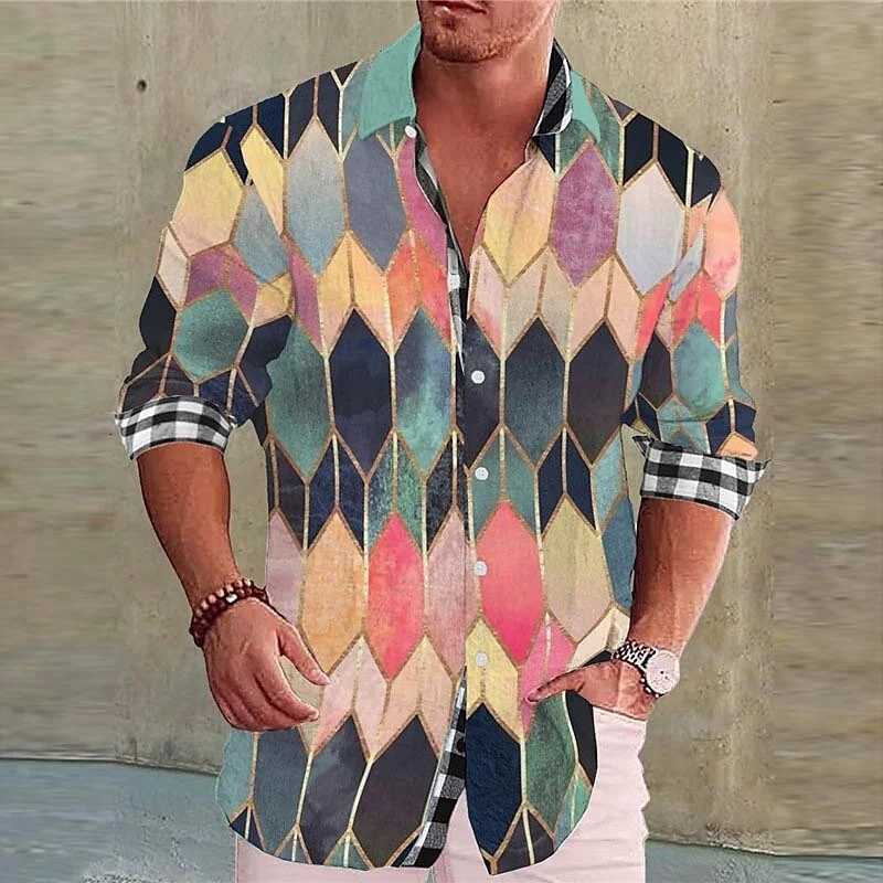 2023 mens shirt color graphics 3D geometric rainbow long-sleeved single-breasted shirt fashion street view design 6XL K251110