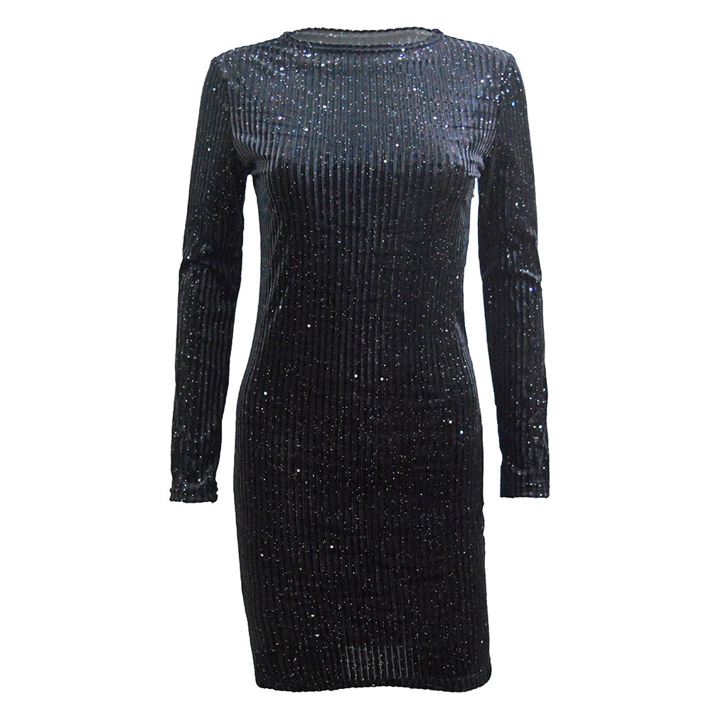 2025 Women's Sparkling Sequins Pink Velvet Long Sleeve Slim Fit Dress
