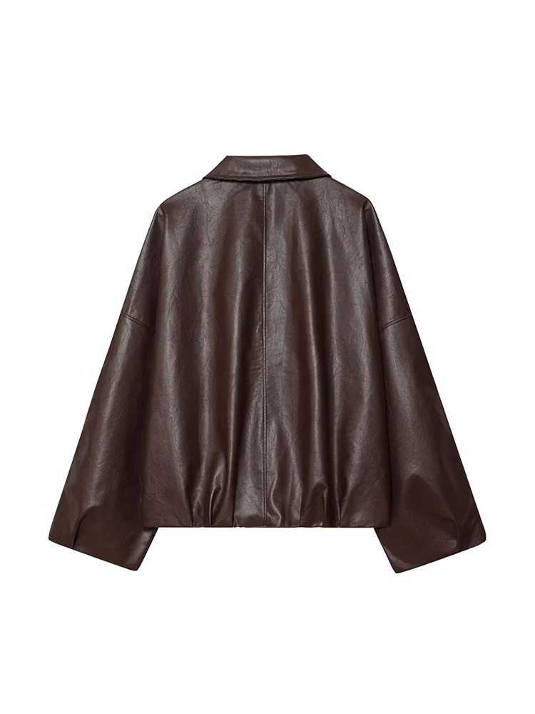 European and American autumn womens retro loose casual temperament simple belt pocket leather jacket 251103