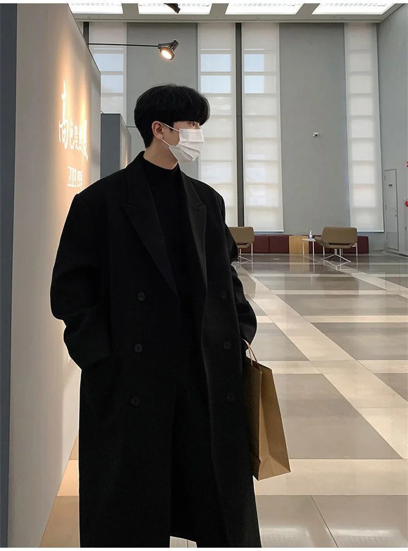 Winter woolen coat mens long style with cotton over the knee woolen windbreaker thickened coat Korean version loose fit 251103