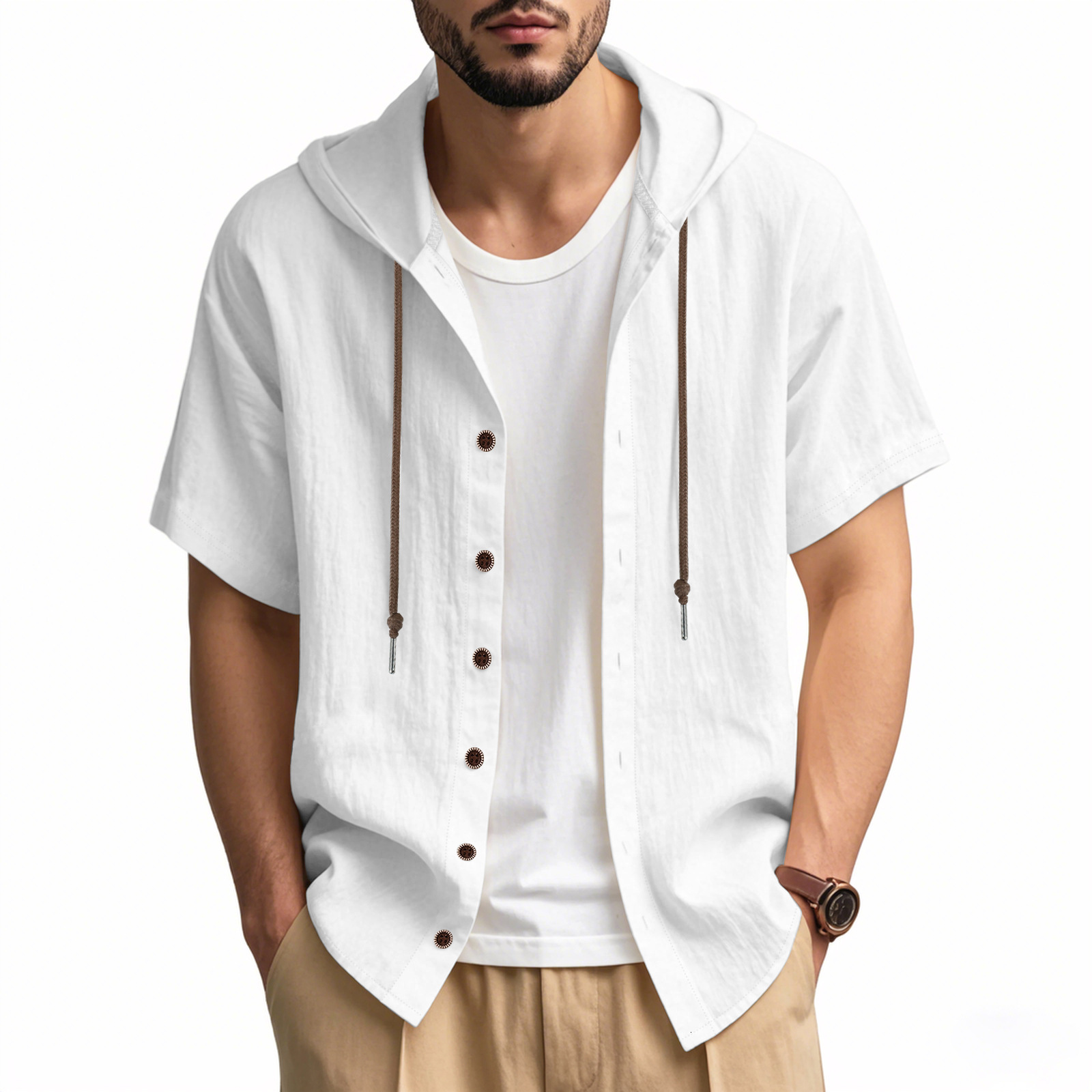 Mens cotton and linen casual short sleeved hooded shirt with fashionable buttons beach T-shirt