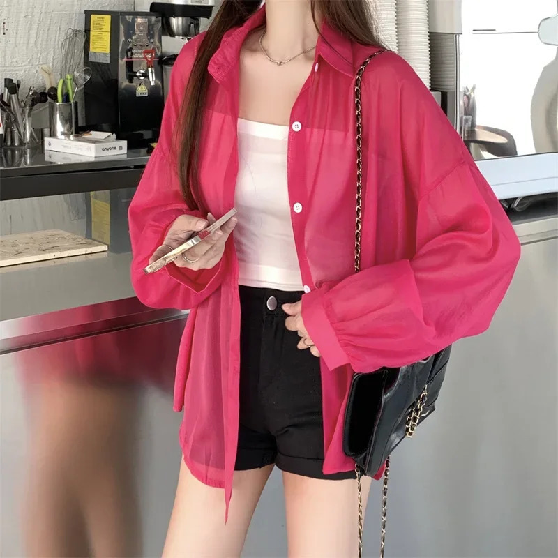 Satin effect womens shirt lightweight semi transparent buttons lapel long sleeves casual chic top for teenagers and girls 250409