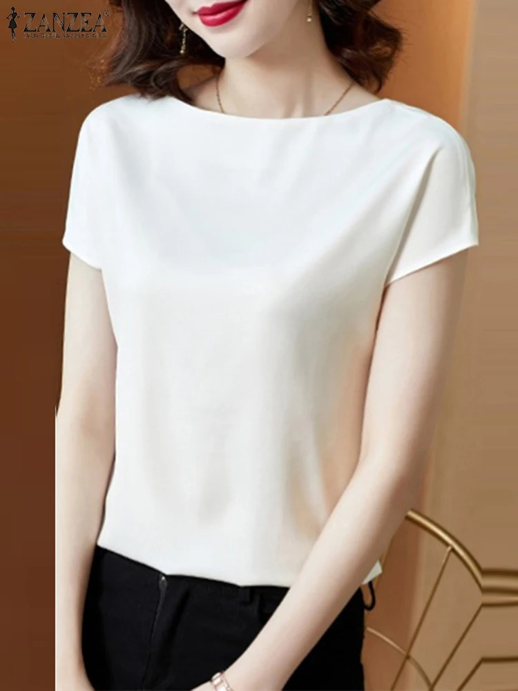ZANZEA Summer Fashion Shirt Elegant Short Sleeve Satin Shirt Womens Fashion OL Work Shirt Womens Party Blusas Tunic Chemise 250409