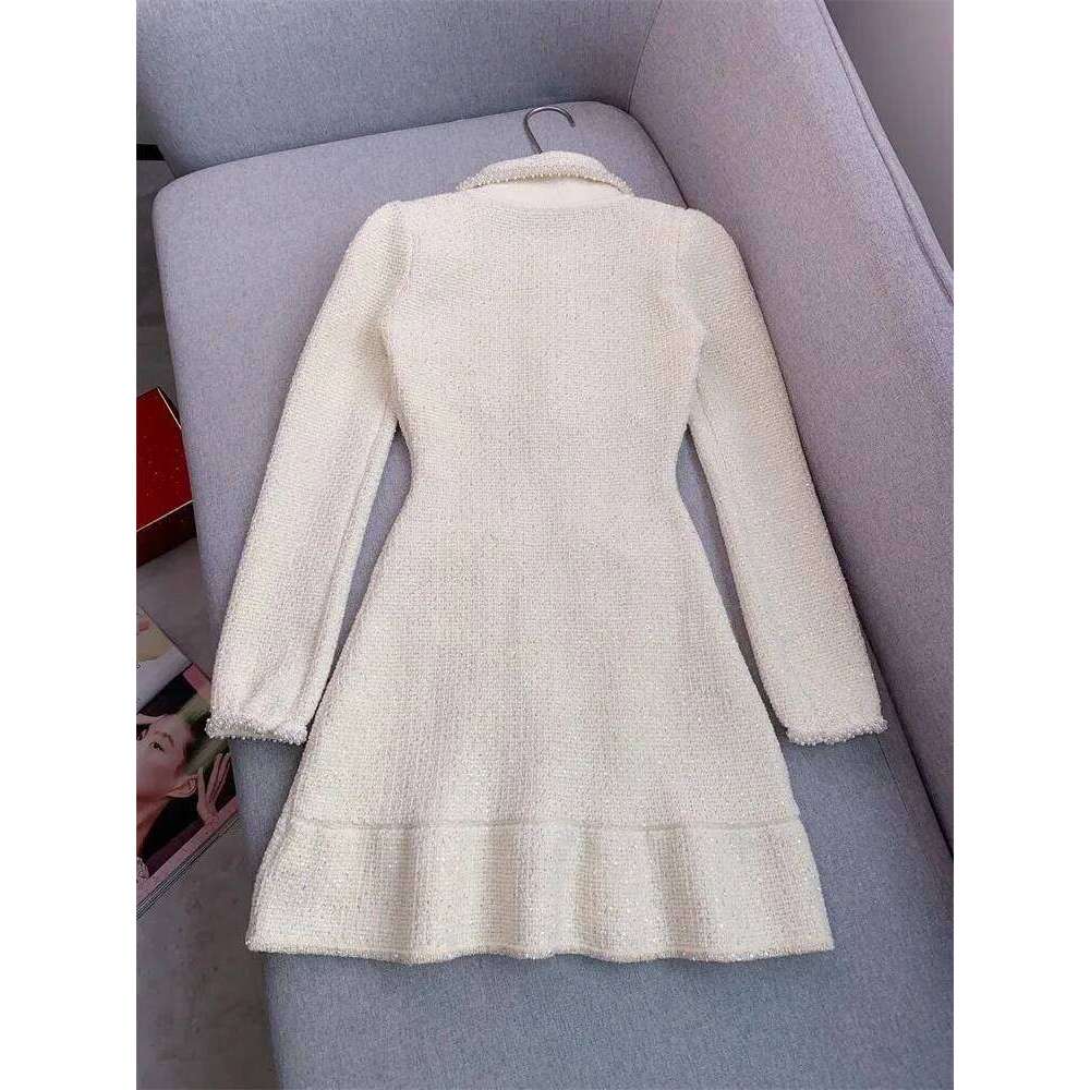 High Waist Sweet Women Tweed Lapel Long Sleeve Pearl Sequins A-Line Short Dresses Slim Fit Office Ladies Elegant Dress