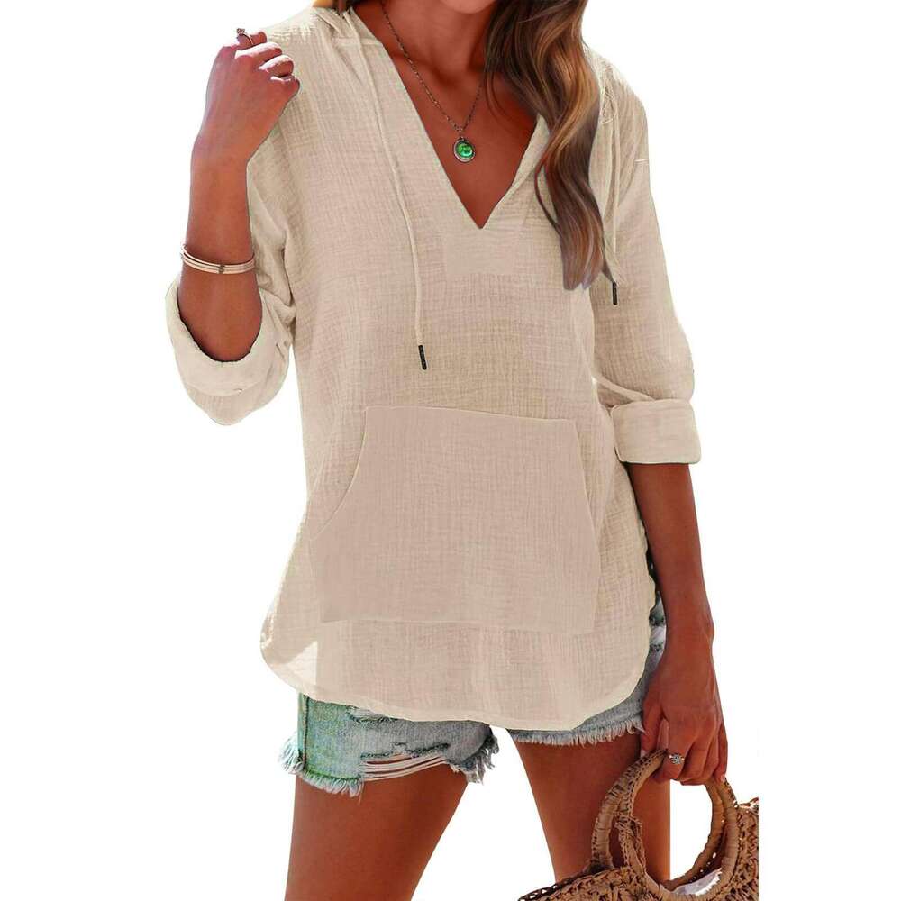 2025 Summer Amazon Beach Cover-Up Hoodie Sports Long Sleeve V-Neck Pocket Hooded Women's Shirt Top