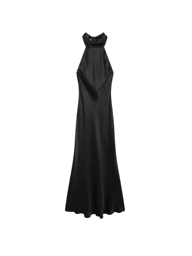 TRZA Womens Long Satin Strap Dress No Back Bow Back Zipper Womens Dress Sexy and Fashionable 250403
