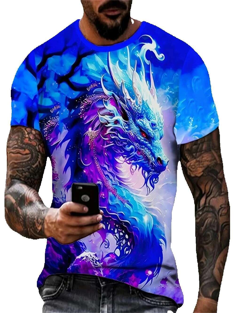 3D dragon print Haruku Street short sleeved round neck fashionable and personalized men's T-shirt, oversized casual T-shirt top