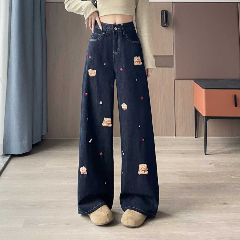 Womens Dog Embroideried Wide Leg Jeans Lady Spring Autumn High Waist Loose Straight Long Jeans C251110