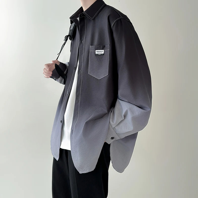 Mens shirt Gradient Plicated Long Sleeve Shirts Loose Korean Shirt Fashion Casual Oversize Shirt Coat High Quality Clothing 250408